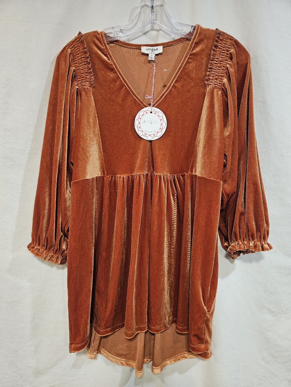 Umgee Burnt Orange Velvet V-Neck Smocked Sleeve Tunic